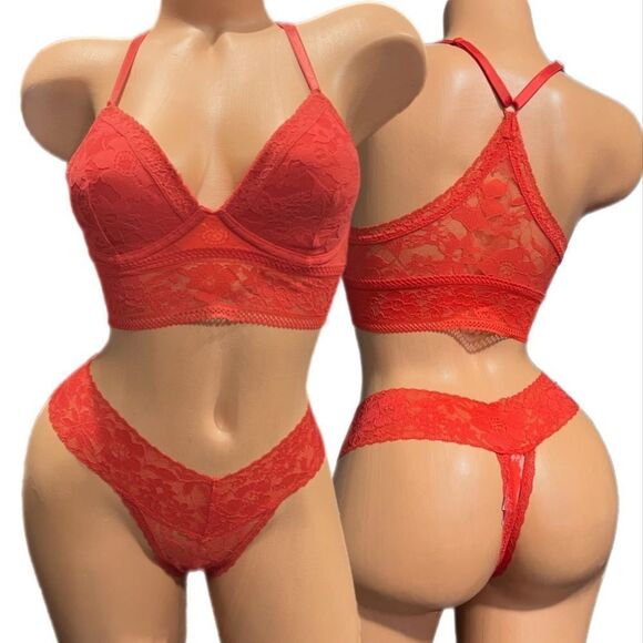 Victoria’s Secret Pink Set Lined padded Lace bralette & thong panty set Red S - Picture 2 of 5